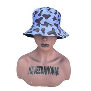 80s Retro Blue Cow Print Bucket Hat Y2K Soft Grunge Alt Pastel Streetwear